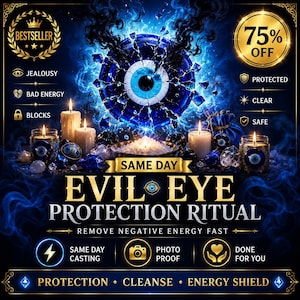 May include: A digital graphic featuring a central blue evil eye symbol surrounded by candles, crystals, and blue smoke. Text includes BESTSELLER, 75% OFF, SAME DAY EVIL EYE PROTECTION RITUAL, REMOVE NEGATIVE ENERGY FAST, SAME DAY CASTING, PHOTO PROOF, DONE FOR YOU, PROTECTION, CLEANSE, and ENERGY SHIELD.