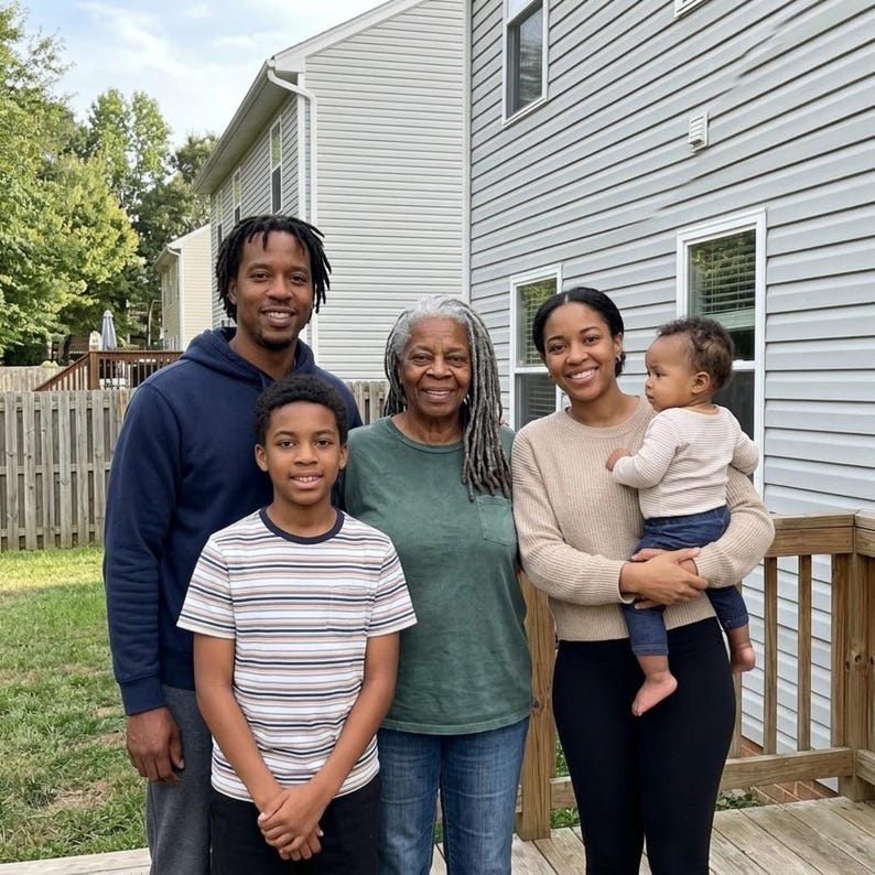 May include: A family portrait taken outdoors. Five people are standing on a wooden deck in front of a house. The group includes a young child, a teenager, two adults, and an older woman. The people are smiling and looking at the camera.