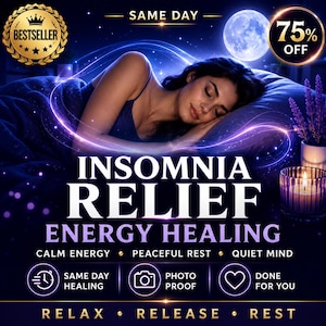 Può includere: Un grafico digitale che mostra una persona che dorme in un letto blu scuro con il testo INSOMNIA RELIEF ENERGY HEALING, CALM ENERGY, PEACEFUL REST, QUIET MIND, SAME DAY, PHOTO PROOF, DONE FOR YOU, RELAX, RELEASE, REST e un badge 75% OFF.