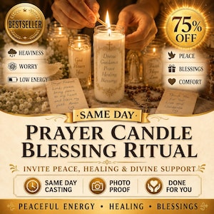 May include: A cylindrical glass prayer candle featuring a gold-toned cross and the text Divine Guidance, Peace, Healing, Blessings. The candle is lit, with additional candles, prayer request notes, and a rosary visible in the surrounding area.