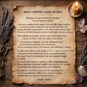 May include: A vintage-style parchment with the text "WHY CHOOSE SADE ASTRA?" and descriptive text about tarot readings. The image includes a lit candle, crystals, dried lavender, and a key on a wooden surface.
