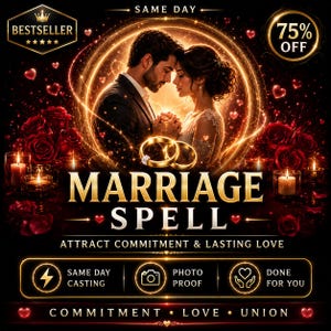 May include: A digital graphic featuring a couple holding hands, two gold wedding rings, and red roses. Text includes "BESTSELLER", "75% OFF", "MARRIAGE SPELL", "ATTRACT COMMITMENT & LASTING LOVE", "SAME DAY CASTING", "PHOTO PROOF", "DONE FOR YOU", and "COMMITMENT • LOVE • UNION".