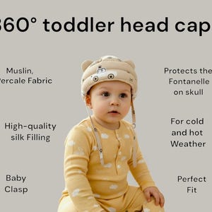 May include: A baby wearing a beige head cap with a car design and ear-shaped accents. The image includes text that reads "360° toddler head cap" and other text describing the cap's features, such as muslin fabric and protection for the fontanelle.