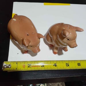 Könnte beinhalten: Zwei Keramik-Schweinefiguren, eine stehend und eine liegend, in Brauntönen mit roten Akzenten an den Füßen. Die Figuren befinden sich neben einem gelben Maßband.