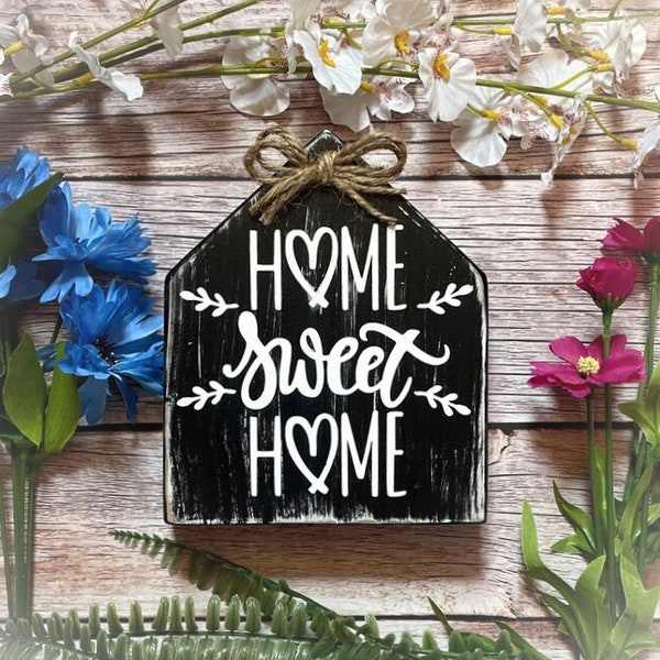 Realtor Closing Gift For Clients - Home Sweet Home Sign - Housewarming Gift - Black and White Home Decor - House Shaped Sign - Shelf Sitter