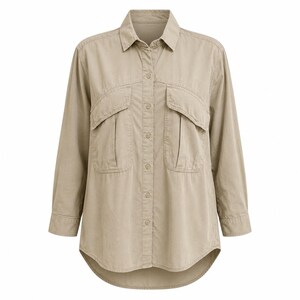 May include: A long-sleeve button-down shirt in a solid beige color. This garment features a classic collar, a central button placket, and two large chest pockets with flaps. The shirt has a curved hemline and long sleeves with buttoned cuffs.
