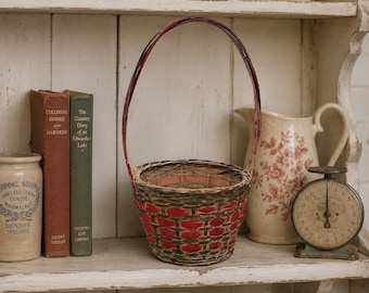 Vintage Woven Wicker Basket Red Green Small Round Handle Farmhouse Decor 10x5.5