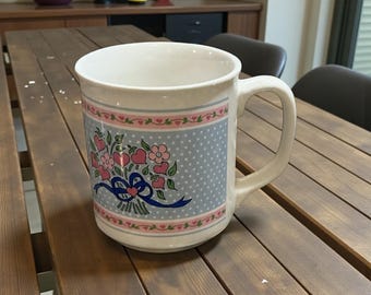 Vintage Floral Polka Dot Ceramic Mug with Ribbon Accent