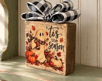 Basket Case Wood Block Fall Decor Ghost Football Tis the Season Buffalo Check