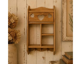 Vintage Wood Heart Cutout Wall Shelf 3 Pegs Country Cottagecore Organizer 17.5in
