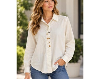 Vintage Cindy Collins Cream Button Down Shirt Novelty Mismatched Buttons L