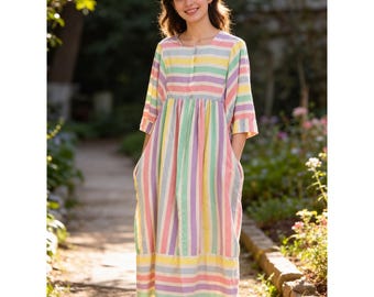Vintage Leisure Life Pastel Rainbow Striped Babydoll House Dress Pockets L XL