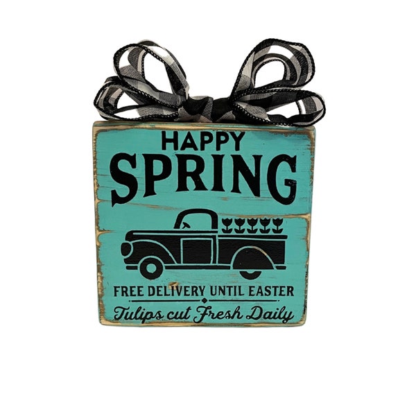 Vintage Truck Sign - Vintage Truck Shelf Sitter - Teal Sign - Happy Spring - Spring Home Decor - Teal Shelf Sitter - Easter Sign - Wood Art