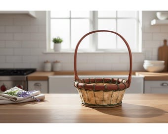 Vintage Woven Wicker Basket Round Wooden Base Red Green Natural 13x9x9