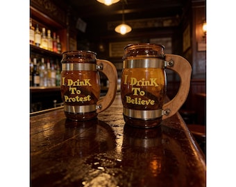 Vintage Amber Glass Barrel Beer Mugs Wood Handle I Drink To Protest Believe Set