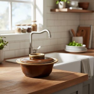 May include: A brown ceramic casserole dish with a lid, set on a wooden countertop in a kitchen. The dish has a circular shape with a slightly raised rim and a smaller lid on top. The kitchen has a white sink and window.