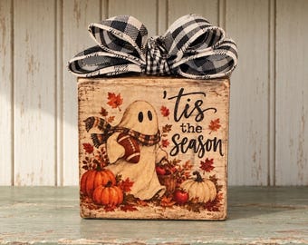 Handmade Fall Ghost Football Wood Block Decor Tis The Season Gingham Bow 4x4x1.5
