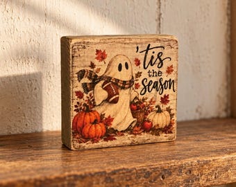 Basket Case Designs Tis The Season Ghost Football Fall Rustic Wood Block Sign