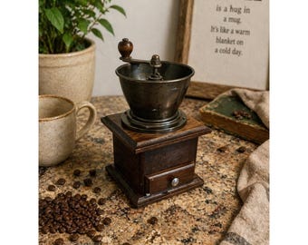 Vintage Manual Coffee Bean Grinder Wooden Box Hand Crank Mill Antique Style