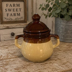 May include: A two-handled ceramic sugar bowl with a lid, featuring a glossy dark brown glaze on the upper portion and lid, transitioning to a smooth cream-colored glaze on the lower body. The vessel has a rounded shape and two side handles.