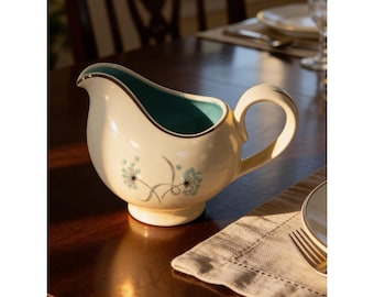 Vintage Taylor Smith & Taylor MCM Gravy Boat Teal Interior Dandelion Pattern