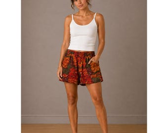 Jane Ashley Vintage 100% Silk Patchwork Print Shorts Red Orange Green Medium