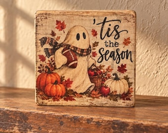 Handmade Rustic Fall Ghost Football Wood Block Sign Tis The Season 4x4x1.5