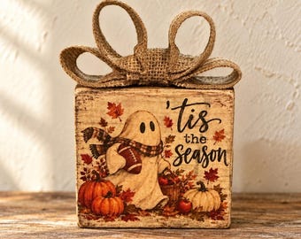 Handmade Rustic Wood Ghost Football Fall Sign Tis The Season Burlap Bow 4x4