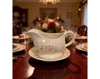 Pfaltzgraff Tea Rose Gravy Boat and Saucer Set Floral Stoneware Cream Pink Blue