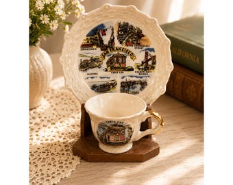 Vintage San Francisco Souvenir Miniature Cup Saucer Set Lusterware Japan Stand