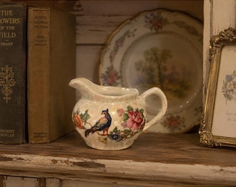 Vintage German Lusterware Porcelain Creamer Iridescent Bird Floral Pitcher 3in