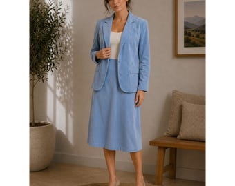 Gordon of Philadelphia Vintage Light Blue Corduroy Skirt Suit Set Size 14 USA