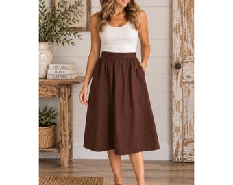 Vintage Brown High Waisted Pleated Midi Skirt with Pockets Chocolate Size 4