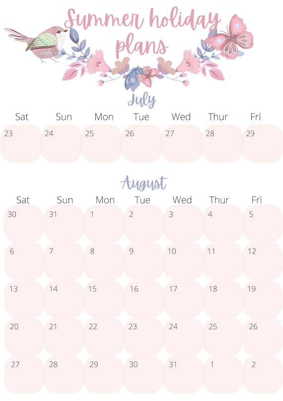 Summer Holiday Planner Printable Calendar for Summer - Etsy