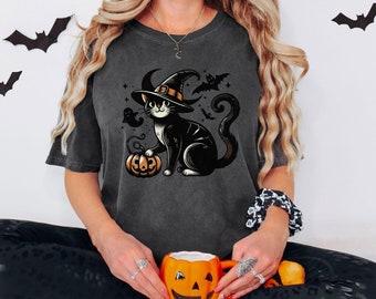 Maglietta di Halloween con gatto nero Comfort Colors, costume da strega