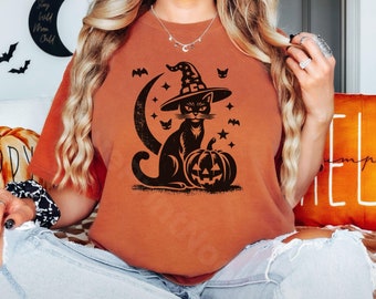Halloween Cat T-Shirt – Spooky Witch Hat Black Cat Graphic Tee