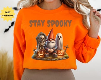 Stay Spooky Gnome Halloween Sweatshirt, Skeleton & Ghost Crewneck