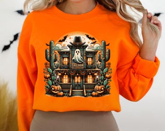 Halloween-sweater Ghost Town Saloon, spookachtige western met ronde hals