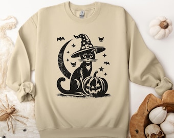 Halloween Cat Sweatshirt, Witchy Black Cat on Pumpkin Crewneck