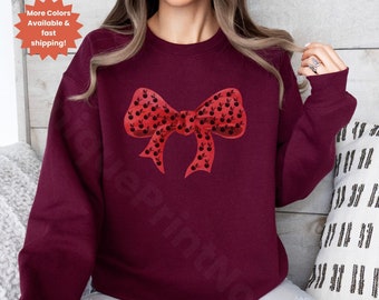 Kastanienbrauner Bogen Print Coquette Sweatshirt, Damen Top mit Rundhalsausschnitt