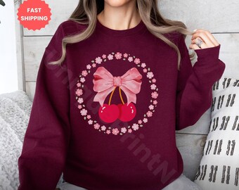 Cherry Bow Coquette Sweatshirt, Heathered Blend