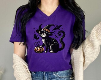 Witchy Cat V-Neck Tee, Spooky Halloween Shirt