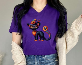 Halloween Cat V-Neck Tee: Spooky Black Cat Witch Shirt