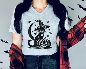 Koszulka z dekoltem w serek z kotem czarownicy, upiorna koszulka na Halloween
