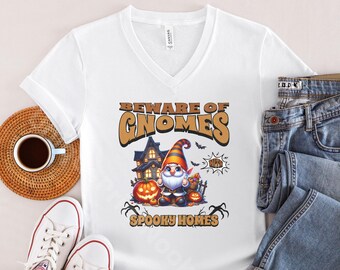Halloween Gnome V-Neck T-Shirt: Beware of Gnomes, Spooky Homes