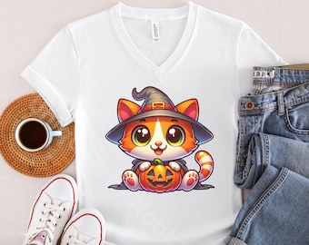 Koszulka z dekoltem w serek z kotem-wiedźmą w stylu Kawaii: prezent na Halloween