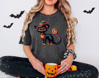 Comfort Colors Halloween Cat T-Shirt: Spooky Black Cat Wizard