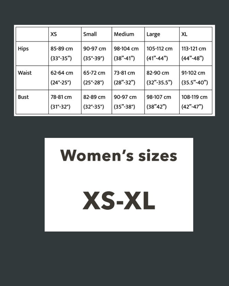 Pu&ograve; includere: Un grafico che mostra le taglie di abbigliamento per donne in XS, Small, Medium, Large e XL. Il grafico elenca le misure di fianchi, vita e busto in pollici e centimetri per ogni taglia.