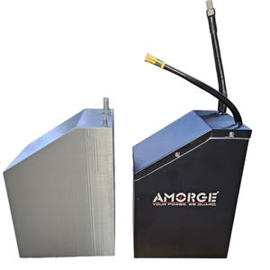 May include: Two industrial metal boxes. One is silver, the other is black with the text "AMORGE YOUR POWER, WE GUARD." The black box has tubes and connectors extending from the top. Both boxes have a slanted top and are designed for industrial use.