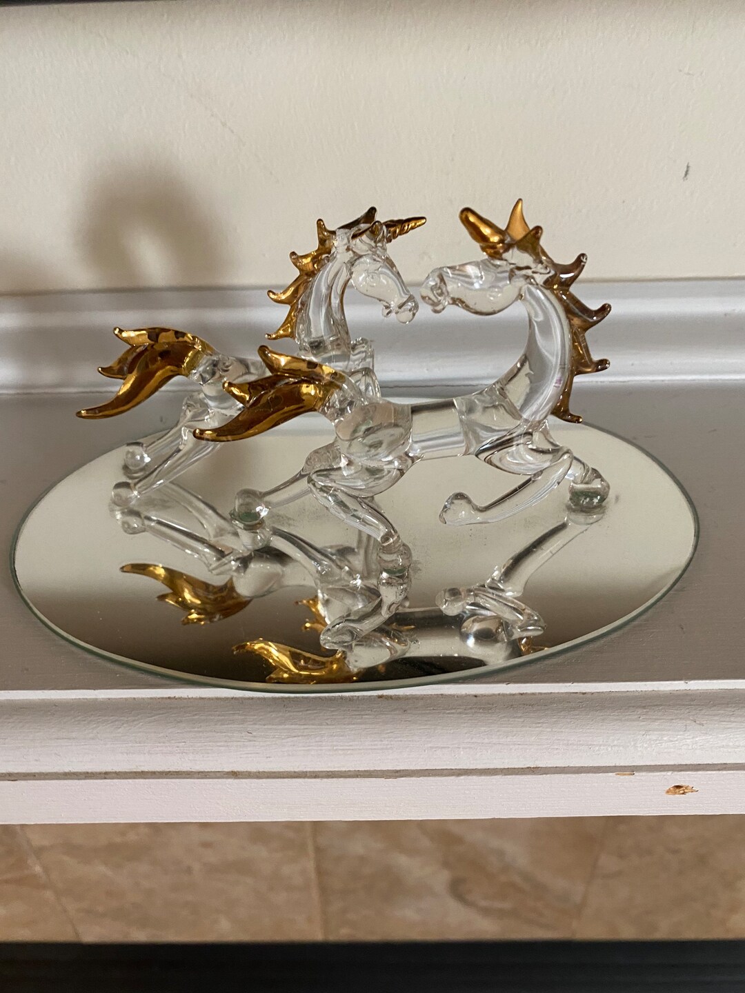 Crystal Unicorn Figurine Hand Blown Glass Sculpture W/ Gold Trim on Mirror Base. Etsy